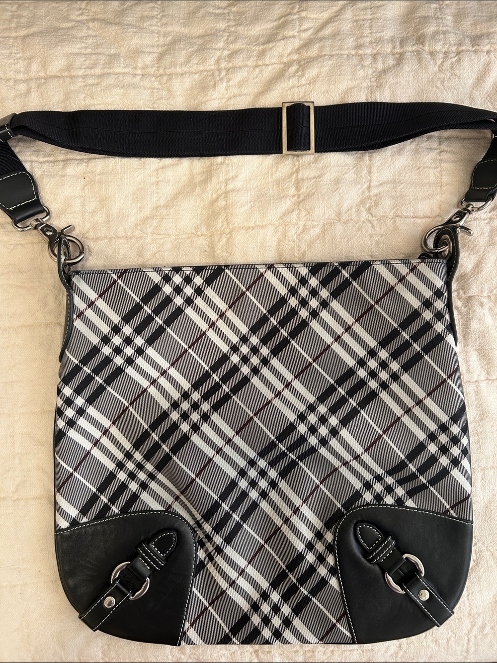 Burberry London Blue Label Black Gray Plaid Crossbody Bag